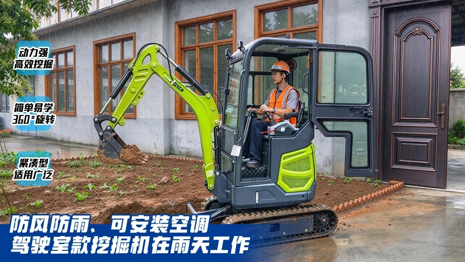 驾驶室款小挖助力庭院改造：雨天依旧稳定施工作业利器